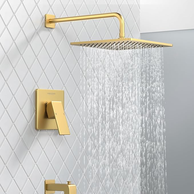 Lava Odoro 12-inch Square Bathtub and Shower Faucet Set Brushed Gold, Shower Trim Kit with Rough-in Valve High Pressure Gold Rainfall Shower Head and Handle Set, (Valve Included), SF106-SG-T