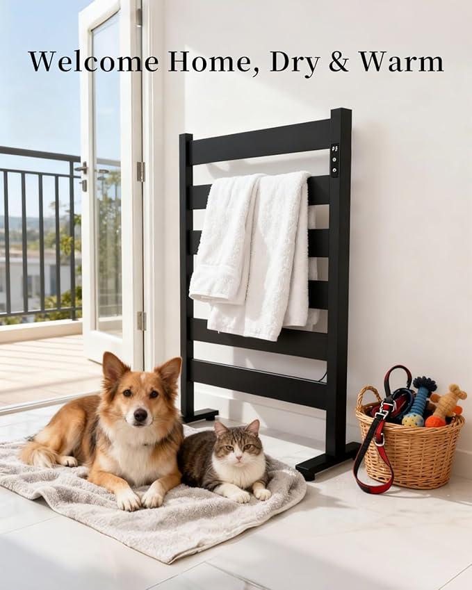 Heated Towel Racks for Bathroom,Freestanding Towel Warmer,6 Bars Towel Heater-PTC Fast Heating with Built-in Timer&Temperature Adjustment,Matte Black
