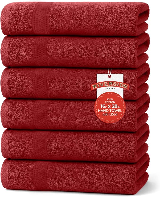 RIVERSIDE 6 Pack Premium Hand Towels Set, 16x28 inches, 100% Ring Spun Cotton, 600 GSM, Soft, Quick Dry and Highly Absorbent, Towels for Bathroom, Kitchen, Gym, Spa - Red