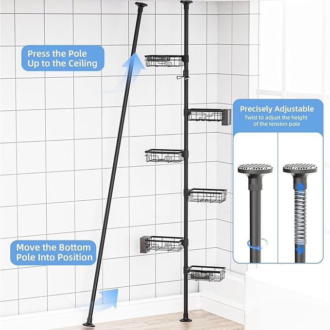 GearFusion Shower Caddy Organizer Tension Pole, Rustproof 4 Tier Corner Shower Rack with 25–114 Inch Adjustable Height for Bathroom Storage, Extra Towel Rack, Soap Dish and Toothbrush Holder, Black