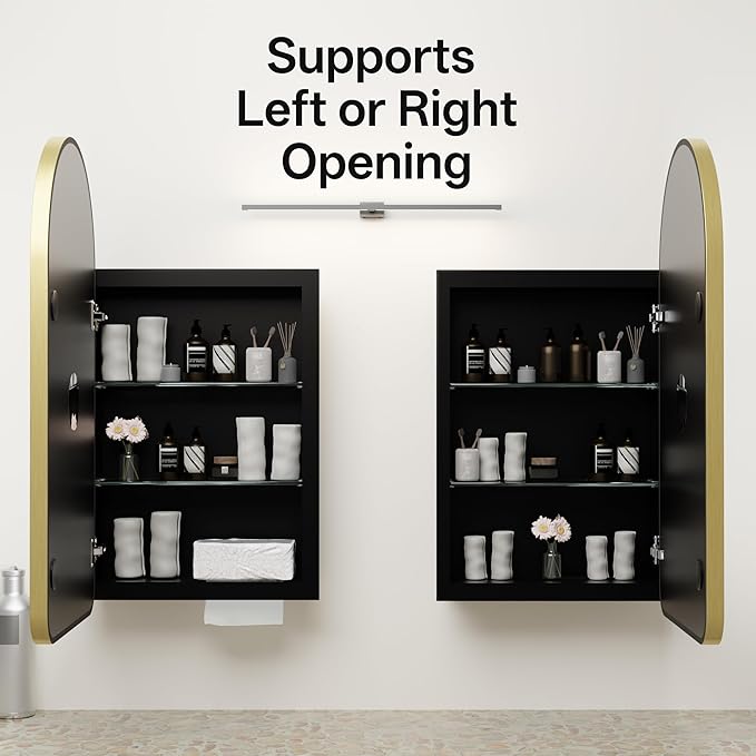 Arched Bathroom Medicine Cabinet with Mirror, No Assembly Needed, Recessed or Surface Mount Wall Storage Cabinet, Mirror Cabinet with Tissue Slot & 2X Magnifying Mirror (Gold, 31.5"L x 19.7")