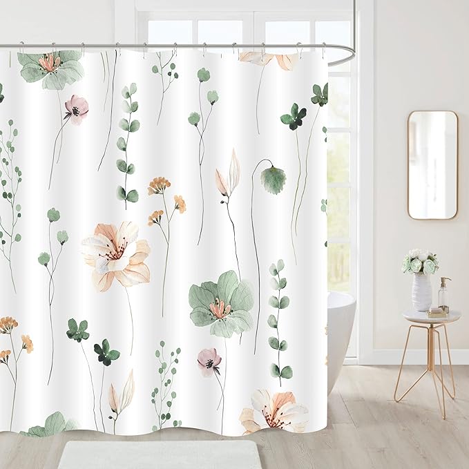 Gibelle Extra Long Shower Curtain 72 x 84, Watercolor Floral Fabric Shower Curtain, Sage Green Beige Flower Decorative Bathroom Shower Curtain Set
