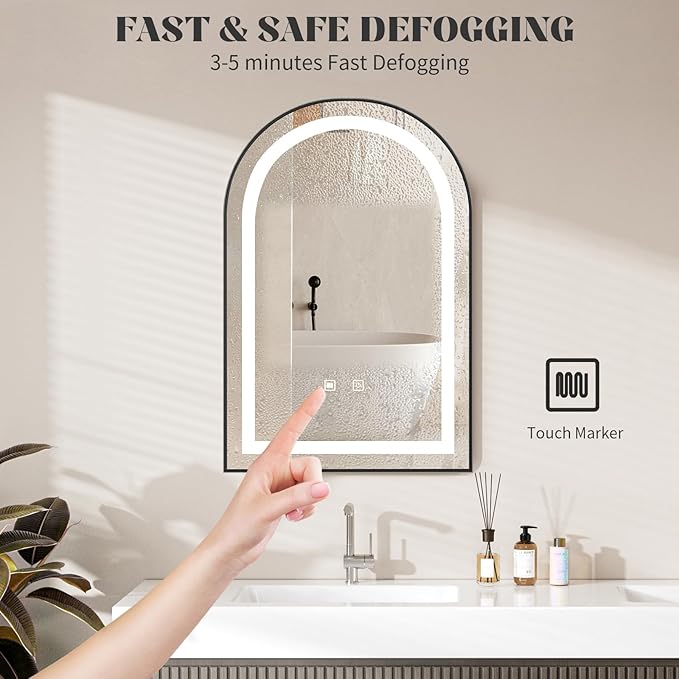 LED Bathroom Mirrors with Lights,24"x36"Black Arched Mirror for Bathroom,Fogless,3 Colors Dimmable,Anti-Fog,Wall Mounted Lighted Vanity Mirror,Black