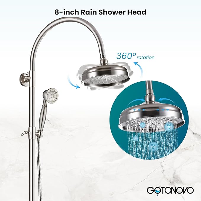 gotonovo Exposed Bathroom Shower System Classic Shower Kit 8 Inch Luxurious Rainfall Shower Head Handheld Spray Tub Filler Brass Pipe 3-Function Wall Mount Double Cross Knobs Brushed Nickel
