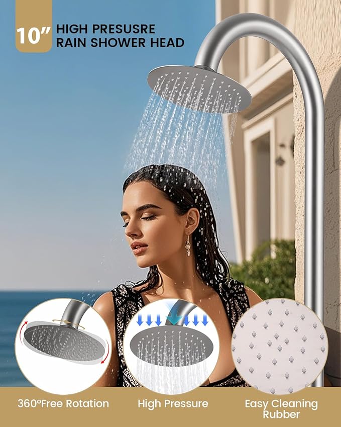 316 Marine Grade Stainless Steel Free Standing Outdoor Shower with Foot Wash, 3-Function Nickel Shower Kit with 10''Rain Shower Head,Outdoor Shower Fixture for Backyard Beach Poolside