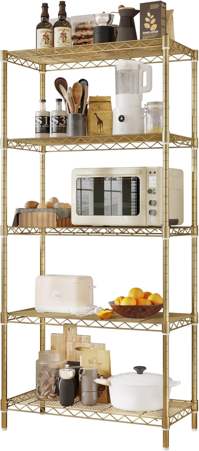5 Tier Storage Racks Shelving, Heavy Steel Pantry Shelves, Adjustable Wire Shelving Rack, Suitable for Garage, Kitchen, Bathroom, Office, 29" W x 13.4" D x 59" H, Golden