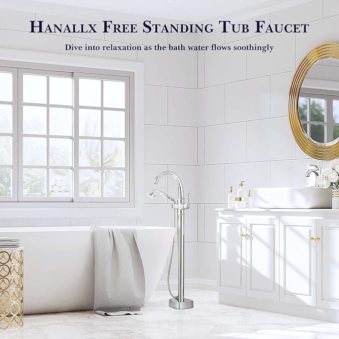 Free Standing Tub Faucet, Hanallx Luxury Polished Chrome Freestanding Bathtub Faucet with Sprayer, Premium Brass High Flow Rate Floor Mount Tub Filler Swivel Spout, Roman Tub Faucet Set（HM88011-CP）