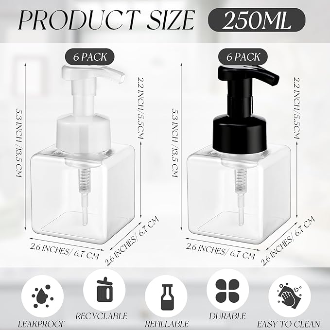Domensi 12 Pcs Foam Pump Bottle Foaming Soap Dispenser Empty Travel Foaming Dispenser 8.5 oz Refillable Hand Soap Plastic Pump Bottle Travel Clear Container for Bathroom Vanities (Black,White)