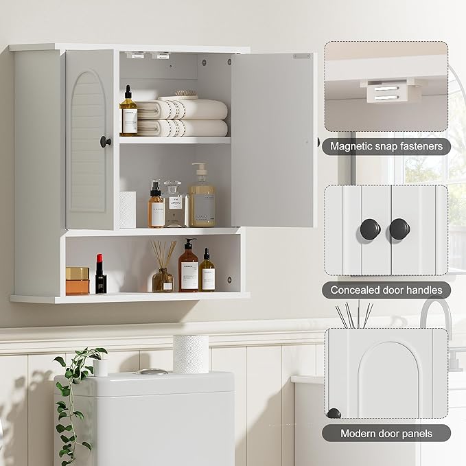 Medicine Cabinet for Bathroom,2 Doors White Bathroom Wall Cabinet with Arched,Over Toilet Storage Cabinet for Laundry Room/Kitchen/Living Room,Surface Mount Medicine Cabinets 23x24