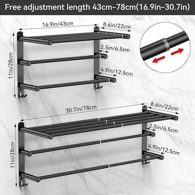 Black Adjustable Towel Bar for Bathroom Wall Mount17-30.7inch Adhesive Shower Towel Rack Stainless Steel Bath Towel Holders for Toilet Kitchen Double Towel Hanger (Black 3-Layer Towel Rack)