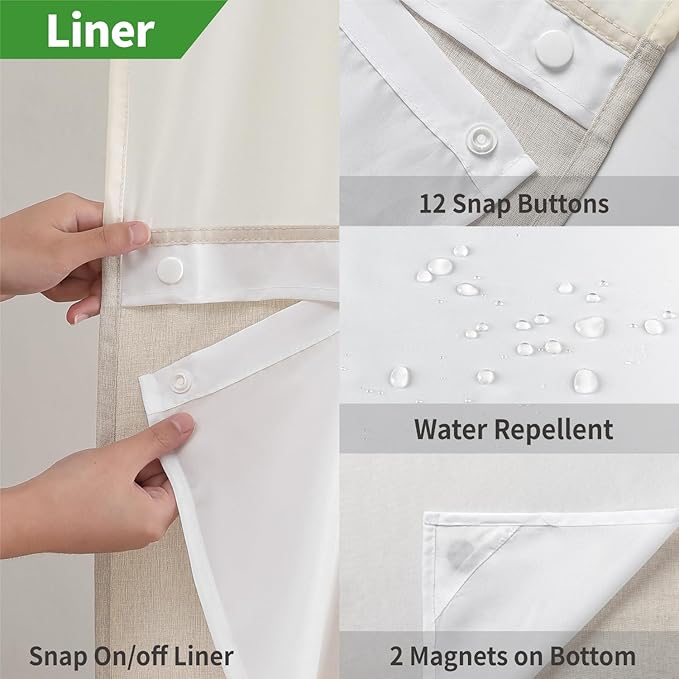 Extra Long No Hooks Needed Linen Textured Shower Curtain with Snap-in Fabric Liner Set,Cream Hotel Luxury Decor Shower Curtains for Bathroom,Waterproof & Washable,71Wx86H
