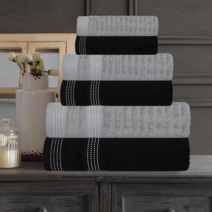 CASA COPENHAGEN® Elegance 6 Pieces Towel Set- Grey Violet + Black, 550 GSM, 2 Bath Towel 2 Hand Towel 2 Washcloth Designed in Denmark Made of Soft Egyptian Cotton for Bathroom, Kitchen and Shower