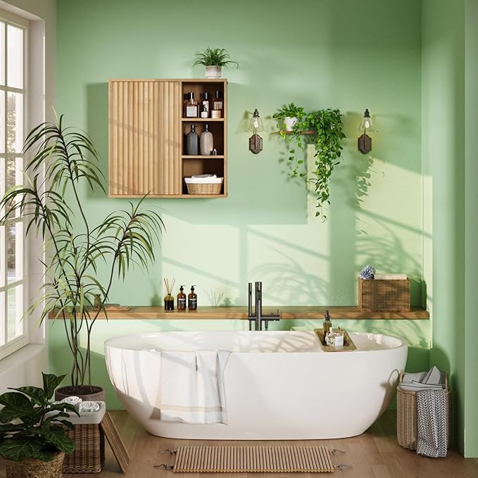 Fluted Bathroom Wall Cabinet, Small Medicine Wall Cabinet with Doors and Adjustable Shelves, Kitchen Wall Mounted Storage Cabinet, Floating Space Saver Over Toilet, Natural