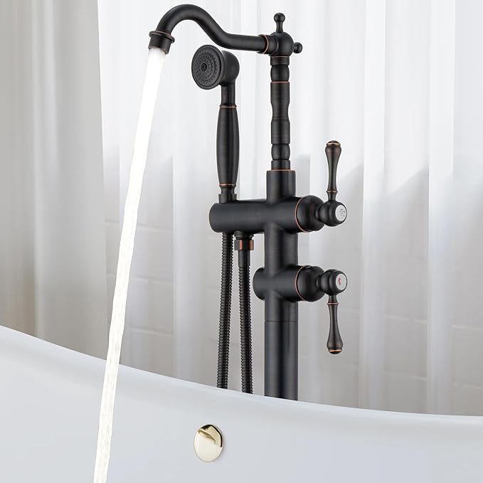 Oil Rubbed Bronze Freestanding Bathtub Faucet Sets Single Handle with 360° Swivel Spout Floor Mount Tub Filler with Handheld Sprayer, Floor Mount Bathtub Faucet, 47.2-Inch, JBTF430-ORB