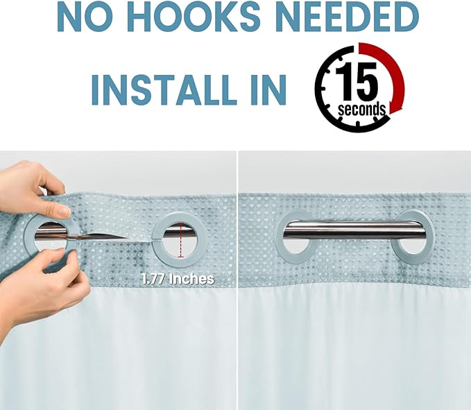 Fog Blue Stall No Hook Shower Curtain with Snap in Liner,230GSM Waffle Weave Shower Curtains for Bathroom,54W x 80H