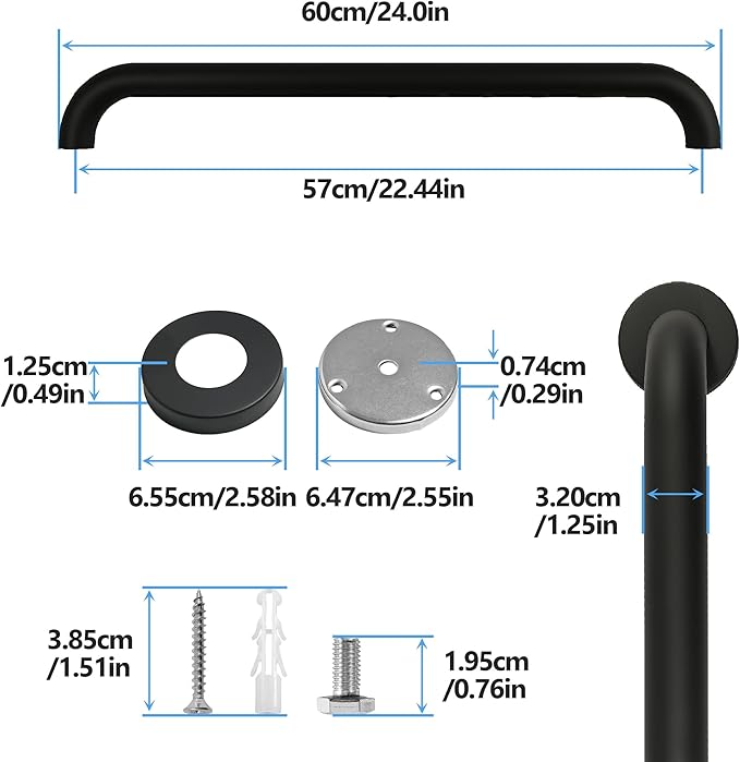 Shower Grab Bar, 2 Pack 24 Inch Black Bathroom Grab Bar, 1.25" Diameter Stainless Steel Grab Bars for Bathtubs and Showers, Handicap Shower Grab Bar for Seniors Elderly