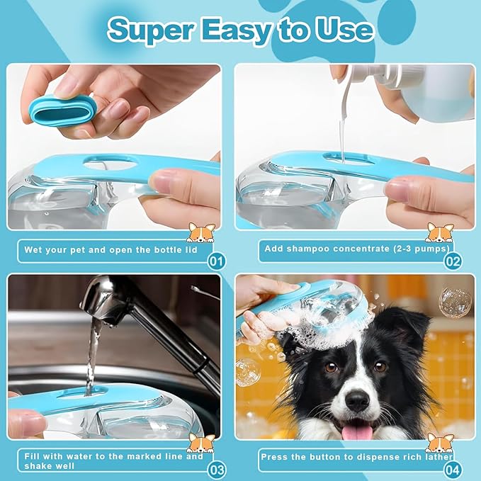 2025 New Dog Bath Brush with Built-in Shampoo Dispenser - 4-in-1 Pet Grooming Kit | Includes 20 Disposable Finger Wipes, 1 Compressed Bath Towel, 2 Body Wipe Compressed Tablets