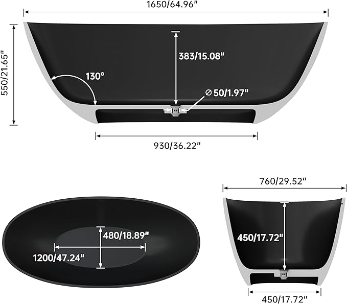 SJ STAR&JANE 65" Solid Surface Freestanding Bathtub, Oval Soaking Stone Resin Tub Stand Alone Tub with Overflow and Pop-up Drain for Bathroom Matte Black