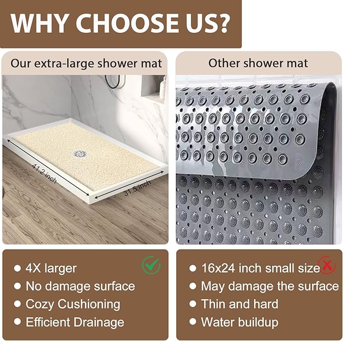 Shower Mat Non Slip: 47.2 x 31.5 Inch Extra Large Shower Mats for Inside Shower with Drain Hole - Soft PVC Loofah Anti Slip Shower Stall Mat for Walk-in Shower and Bathroom, Quick Drying