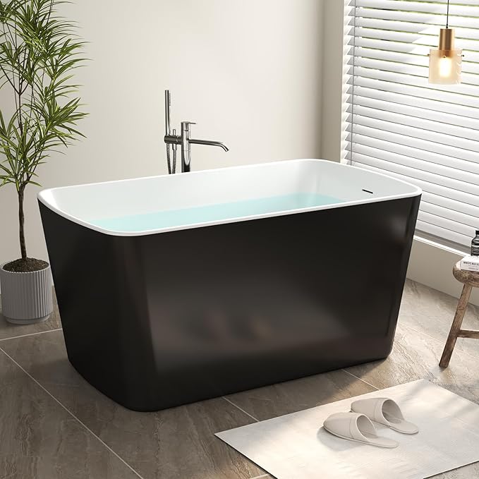 49" Glossy White Acrylic Freestanding Soaking Tub w/Seat- Contemporary Design with Toe-Tap Drain & Brushed Nickel Overflow - 55 Gal, cUPC Certified