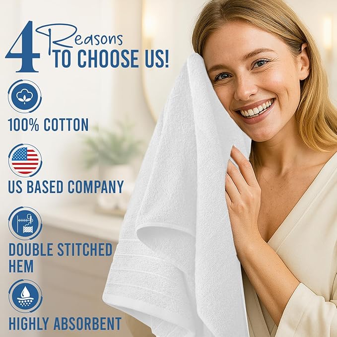 DAN River Extra Large Bath Towels Set of 4, 30 x 60 Inches - 100% Cotton Larger & Lighter Weight Towels for Bathroom - Quicker to Dry, Super Soft & Highly Absorbent Towels for Home, White