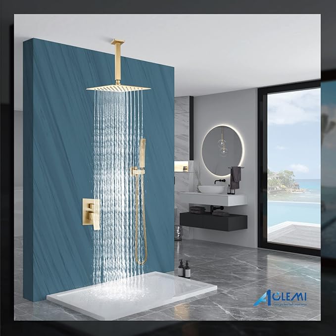 Aolemi Ceiling Mount Shower System Rain Shower Head with Handheld Spray High Pressure Shower Faucet Set Rough-in Valve Shower Trim Kit Included Bathroom Brused Gold 12 Inch Ceiling Shower Head