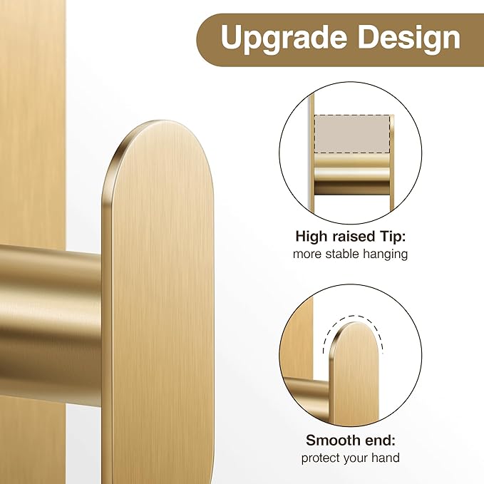 pickpiff Adhesive Towel Hooks for Bathroom: 20LB Extra Strong Wall Hanger for Shower Kitchen RV Dorm Apartment, Gold 4 Pack