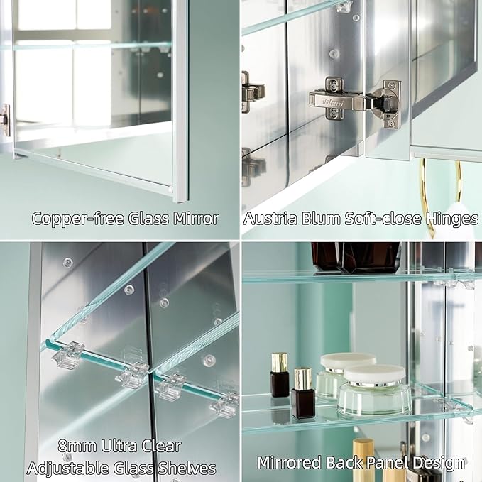 WELLFOR 72" x 30" Rectangle Medicine Cabinet Mirror, Surface Mount or Recessed Medicine Cabinet with Tempered Mirror, Anodized Chrome Aluminum Frame, Bathroom Mirror with Storage