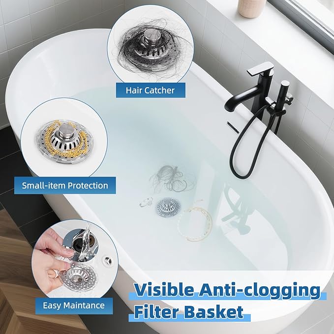 Metal 2 Pack Bathtub Drain Stopper with Top Hair Catcher, Visible Top Strainer Tub Stopper, Upgraded 3 in 1 Pop-up Drain Plug Fit for 1.5 to 2.4" Hole, Stainless Steel Filter Basket