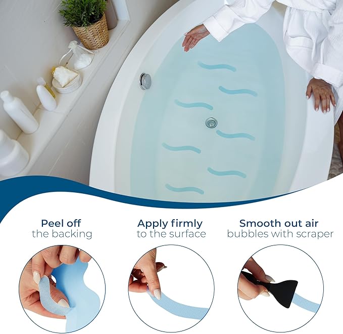 Anti-Slip Shower Stickers - Help Reduce Slipping in Bathtub & Shower, Blue Non-Slip Bath Strips, Strong Adhesive Bathtub Appliques Suitable for Homes with Kids, Adults & Seniors - 24 Pcs - Homergy