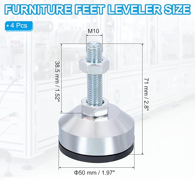 PATIKIL Furniture Leveling Feet 2" Dia Base M10 Thread, 4 Pcs Carbon Steel Adjustable Threaded Furniture Levelers Screw on Leg Leveler with Pads for Desk Chair, Black