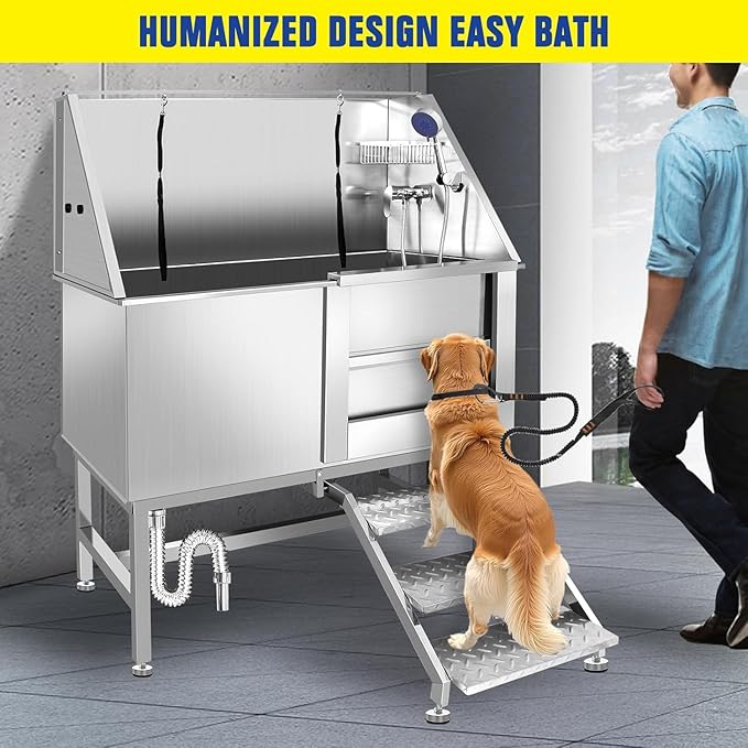 50" Stainless Steel Dog Washing Station, Pet Grooming Tub with Hot/Cold Faucet & Showerhead, Non-Slip Stairs for Small/Medium Dogs & Cats