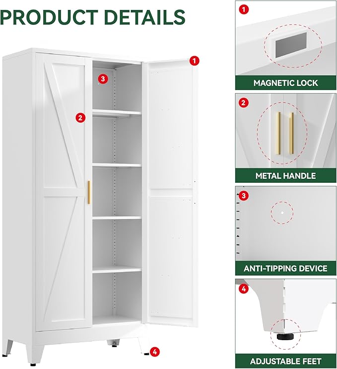 Metal Cabinets with Barn Doors and Adjustable Shelves,71" Tall Storage Cabinet,5-Tier Storage Cupboard for Kitchen,Dining Room,Garage,Bathroom,White