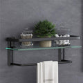 VOLPONE Bathroom Glass Shelf with Towel Bar Black Bathroom Shelf Wall Mount Rustproof Bathroom Wall Organizer Towel Rails1 Tier (Black)