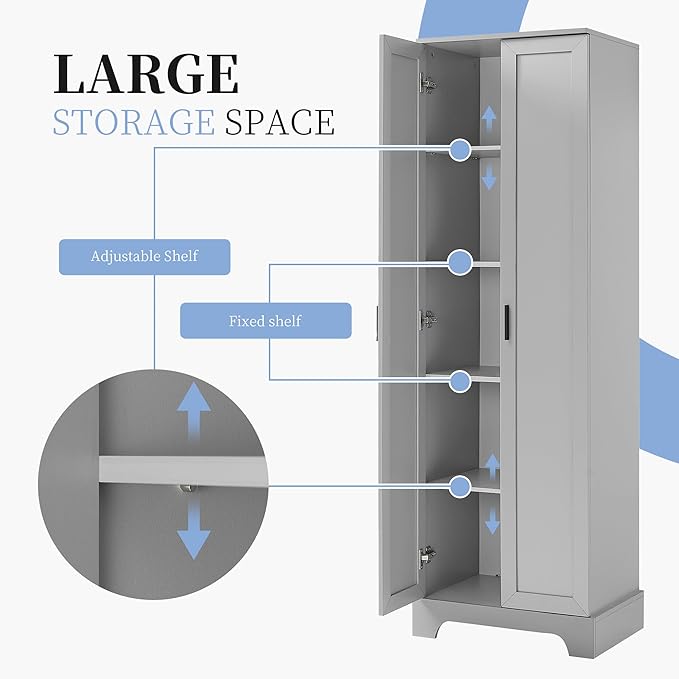 Favfurish 70" Tall Bathroom Storage Cabinet with Doors,Modern Linen Cabinets w/Adjustable Shelves & Anti-Tipping Device,Easy Assembly,Freestanding Organizer for Dining Room,Kitchen,Office,Grey