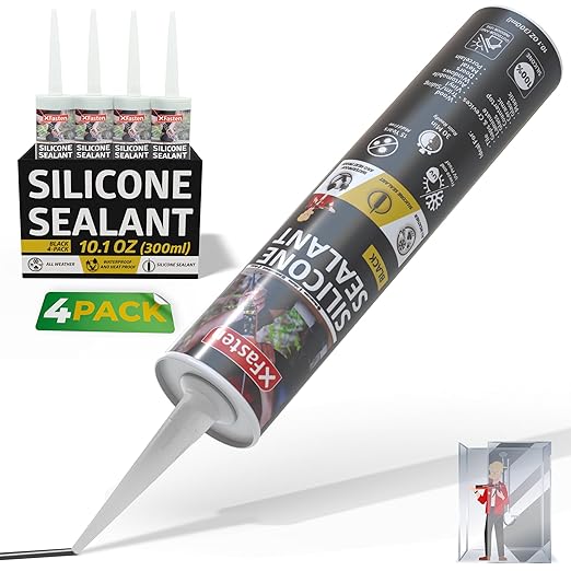 XFasten Silicone Sealant Waterproof Black Cartridge, 10.1 oz (4-Pack) Black Caulking Silicone Adhesive Sealant Cartridge for RV, General Use, Window, Door, Glass, Automotive Leak Sealing