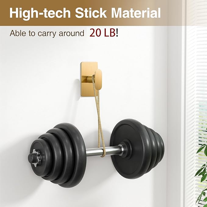 pickpiff Adhesive Towel Hooks for Bathroom: 20LB Extra Strong Wall Hanger for Shower Kitchen RV Dorm Apartment, Gold 4 Pack