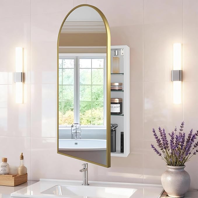 FKWin Arched Gold Bathroom Medicine Cabinet with Mirror, Left or Right Opening, Bathroom Mirror with Storage, Surface Mount Medicine Cabinet not Recessed, Gold, 16x32 inch