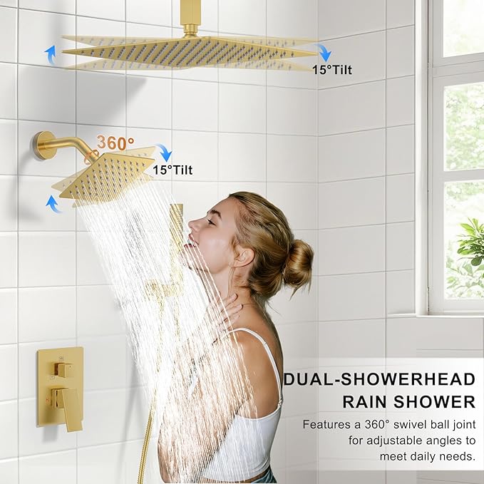 Shower Faucet Set, Ceiling Mount Rainfall Shower Head System 12" + 6" Dual Rain Shower Head Sets with 2 in 1 Handheld Spray for Bathroom with Rough-in Valve and Shower Trim Kit, Brushed Gold
