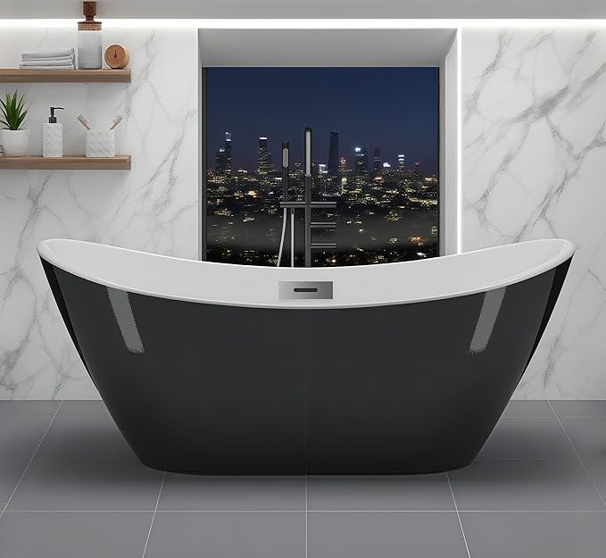 67 Inch Freestanding Bathtubs – Acrylic Free Standing Tub with Modern Black and White Design, Stand Alone Tub for Large Bathroom or Renovation, Ergonomic Soaking Tub for Deep Relaxation