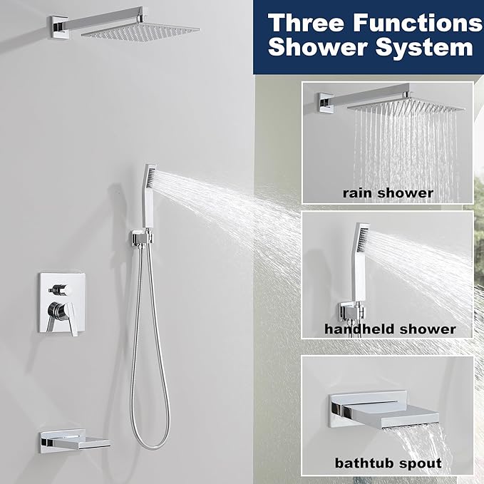 Shower System with Tub Spout, All Metal Bathtub Shower Faucet Set with High Pressure 10 Inch Rain Shower Head and Handheld Shower Head Set, Chrome (Valve Include)