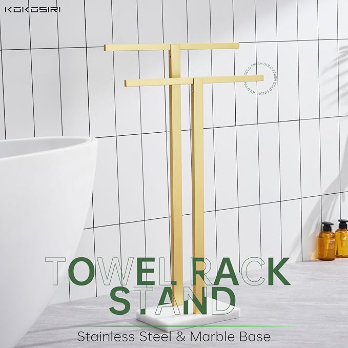 KOKOSIRI Bathroom Towel Rack 2-Tier Standing Towel Bars with Marble Base, Stainless Steel Freestanding Towels Holder, Thicken Steady Design, Brushed Gold THS0003-BG