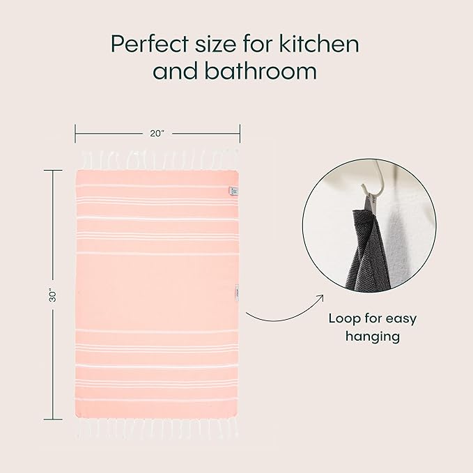 WETCAT Turkish Hand Towels with Hanging Loop, Set of 2 (20" x 30") 100% Turkish Cotton, Pre-Washed, Quick Drying, for Kitchen or Bathroom - Peach