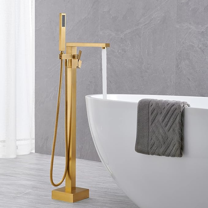 Freestanding Bathtub Faucet Tub Filler Brushed Gold Floor Mount Bathroom Faucets Brass Single Handle with Hand Shower