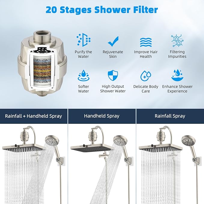 Hibbent 5-spray 13'' Dual Filtered Rainfall Shower Head Combo, High Pressure 10-setting Handheld Shower Head with 12'' Adjustable Extension Arm, 20 Stage Shower Filter, 71'' Hose, Brushed Nickel