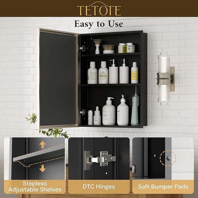 TETOTE Brushed Nickel Medicine Cabinet 24" x 30" Bathroom Mirror with Storage HD Glass Beveled Aluminum Frame Stepless Adjustable Shelves, Recessed or Wall Mount