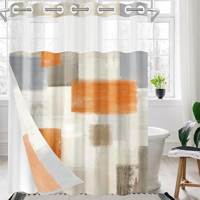 No Hook Grey Beige Orange Painting Shower Curtain with Snap in Fabric Liner Set, Abstract Double Layers Waterproof Fabric with See Through Top Window Open Grommet Bath Curtain 71x74 Inch