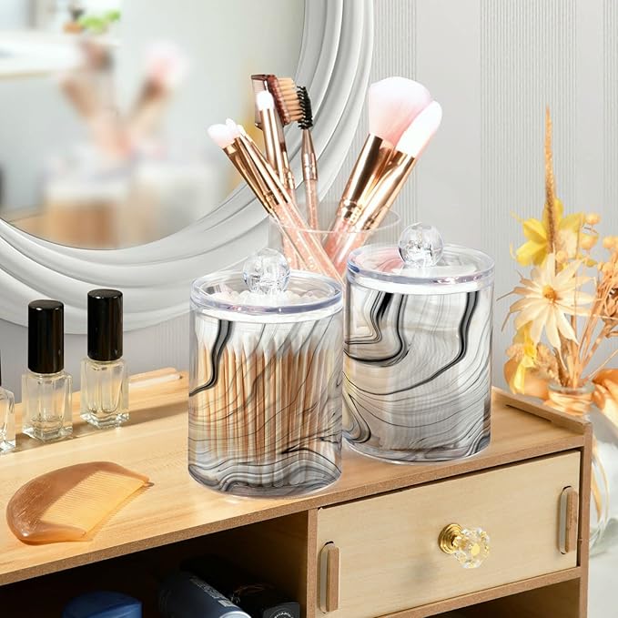 MNSRUU 2 Pack Qtip Holder Organizer Dispenser Fashion Grey Marble Bathroom Storage Canister Cotton Ball Holder Bathroom Containers for Cotton Swabs/Pads/Floss