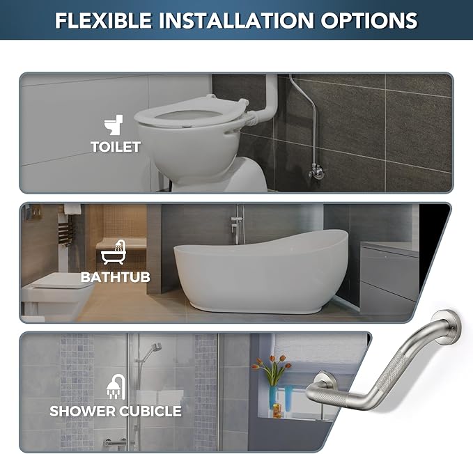 Grab Bars for Bathtubs and Showers- 1-1/4 x 16 Angled Shower Grab Bar for Seniors Knurled Stainless Steel Handicap Grab Bars for Wall (Brushed Nickel, 2 Pack)