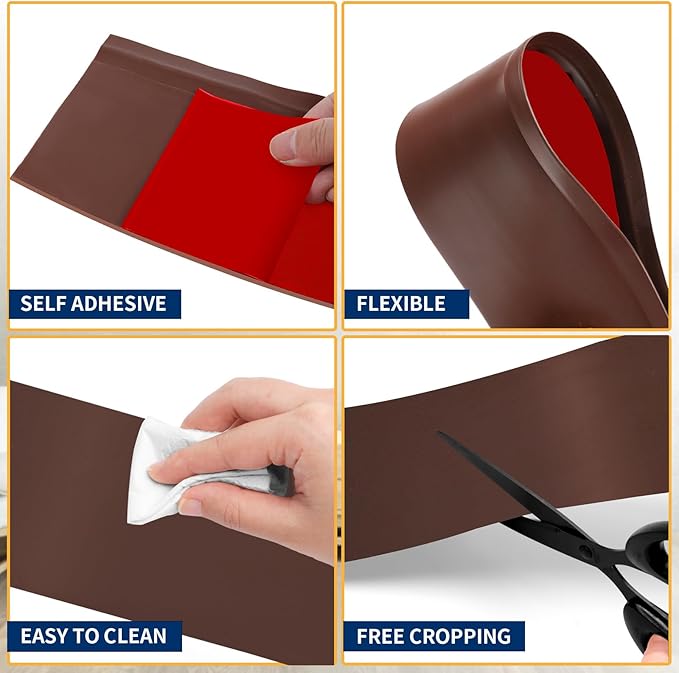 Flexible Baseboard Molding Trim 6 Inch Self-Adhesive Vinyl Wall Base Peel and Stick Cove Base Rubber Wall Baseboard Moulding Trim (60Ft, Brown)